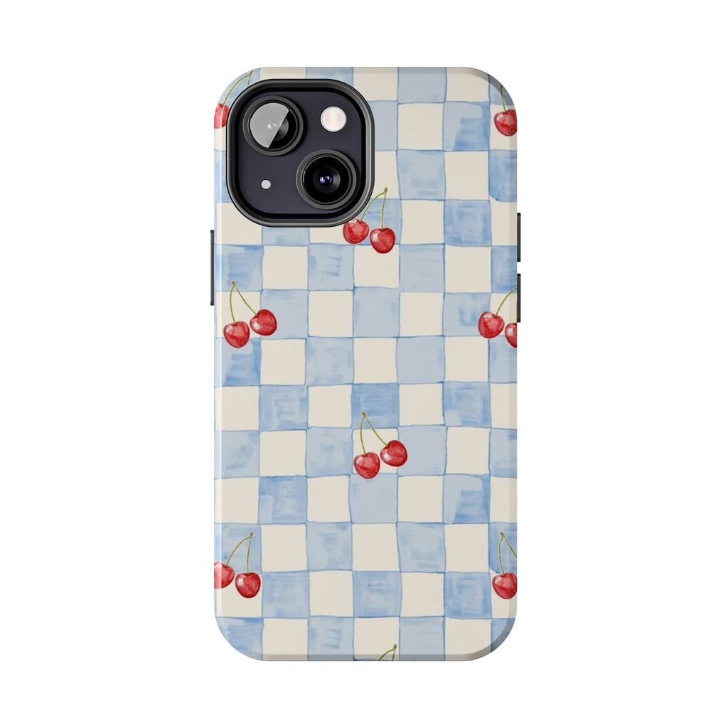 Retro Blue Plaid Cherry Pattern Phone Case