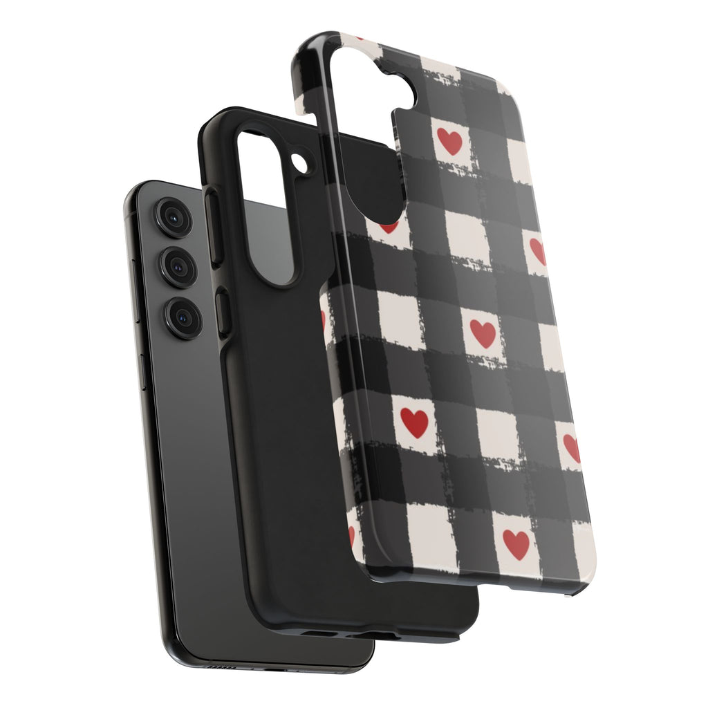 Black Buffalo Plaid Phone Case with Red Hearts