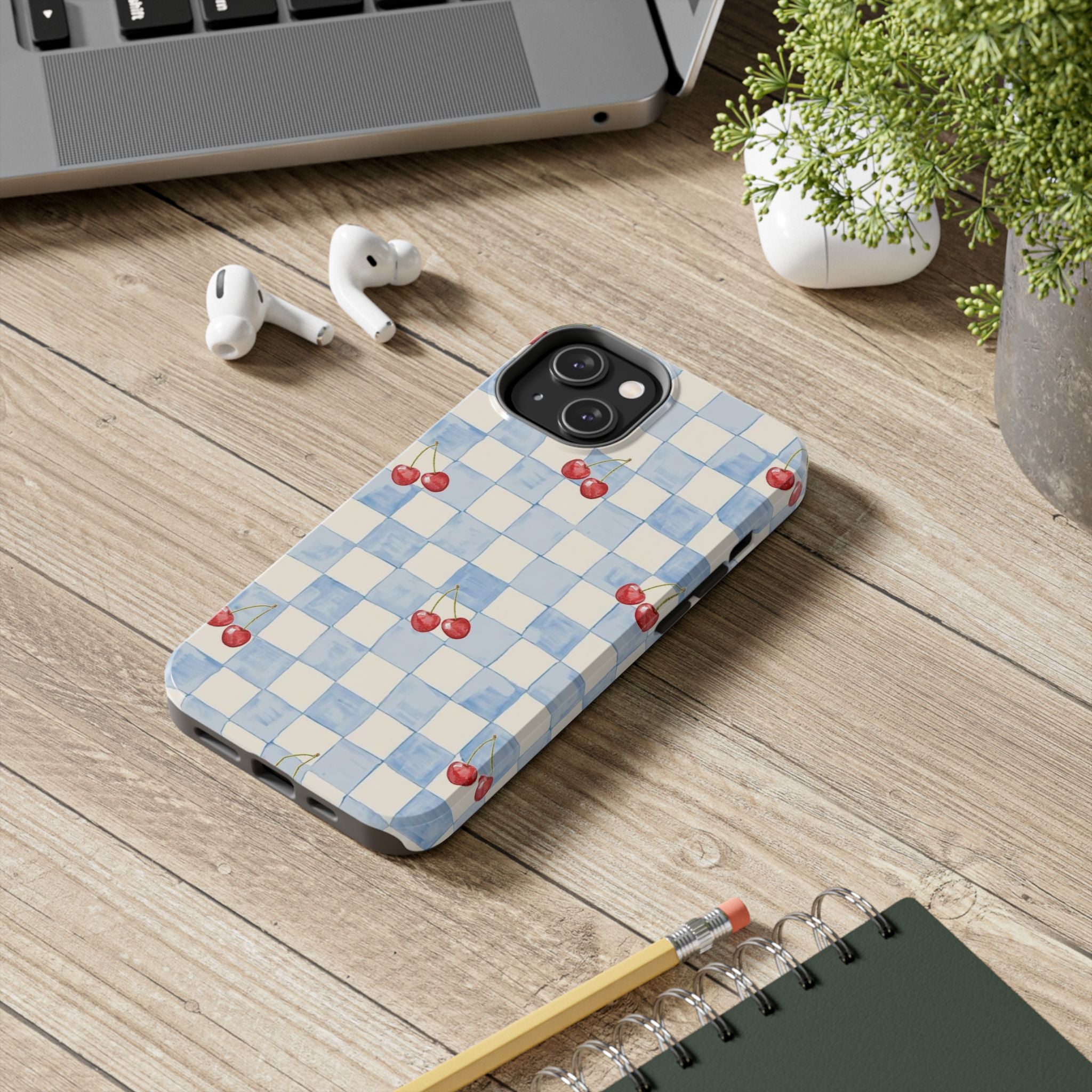 Retro Blue Plaid Cherry Pattern Phone Case