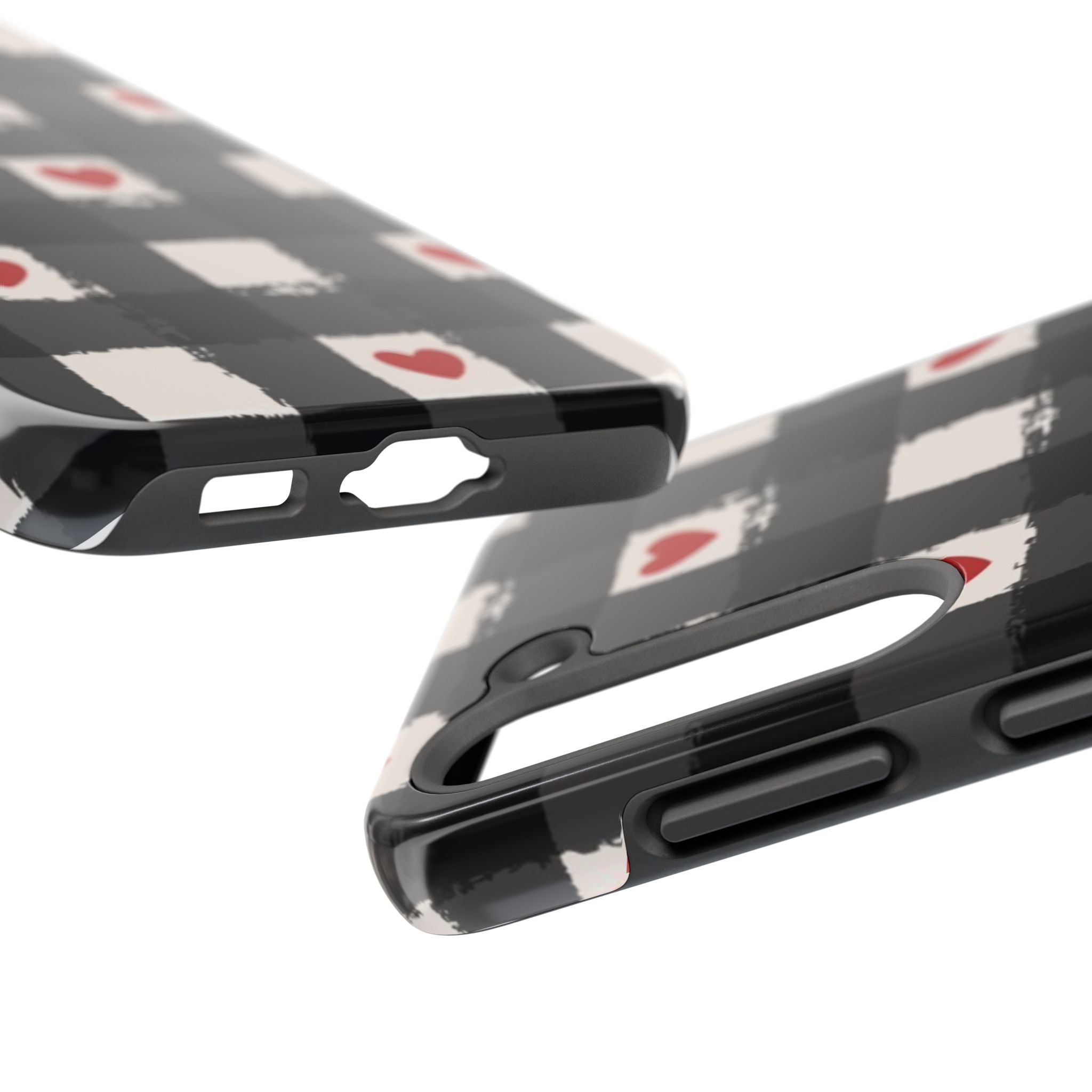 Black Buffalo Plaid Phone Case with Red Hearts