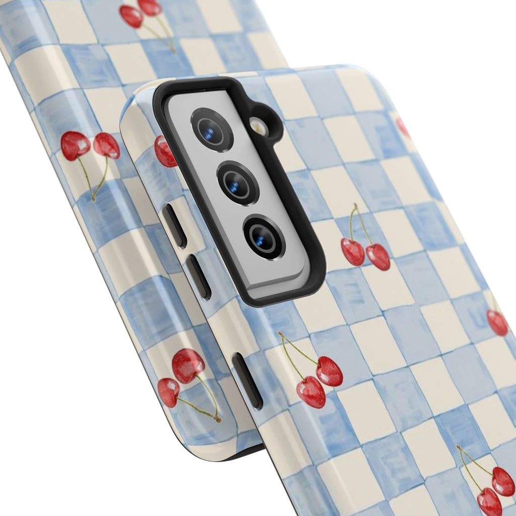 Retro Blue Plaid Cherry Pattern Phone Case
