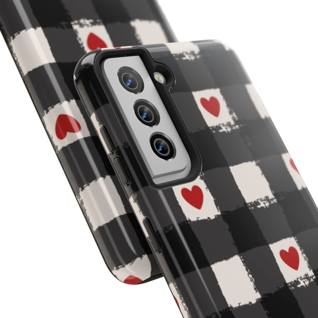 Black Buffalo Plaid Phone Case with Red Hearts