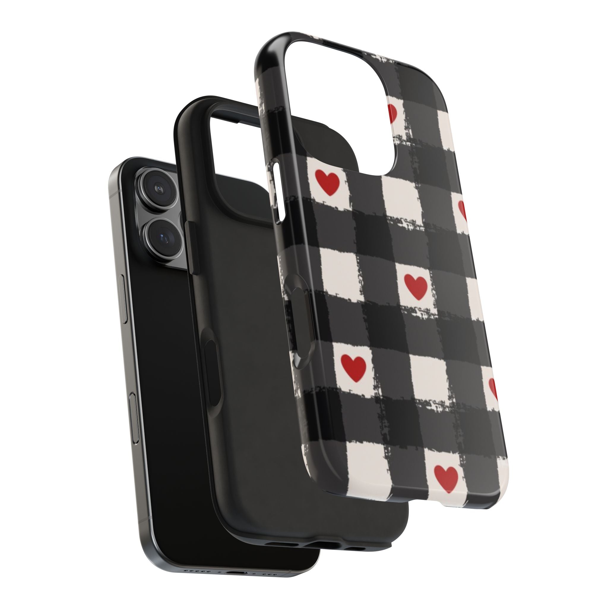 Black Buffalo Plaid Phone Case with Red Hearts