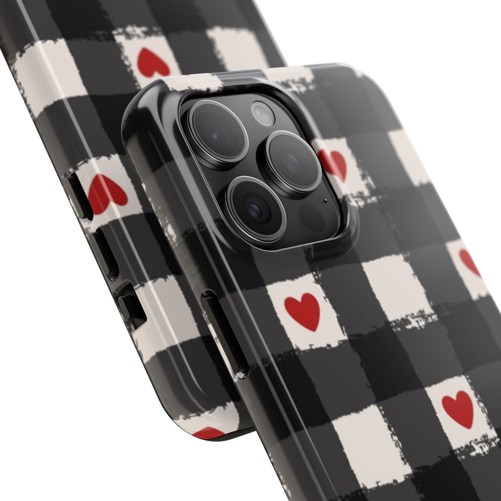 Black Buffalo Plaid Phone Case with Red Hearts