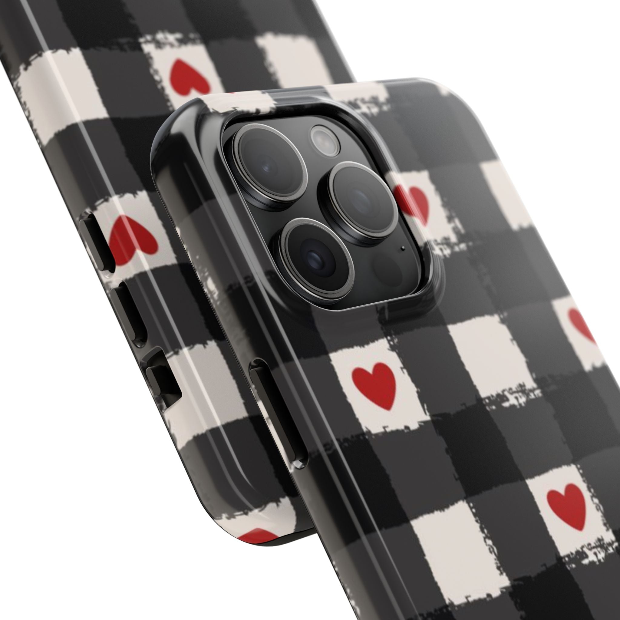 Black Buffalo Plaid Phone Case with Red Hearts
