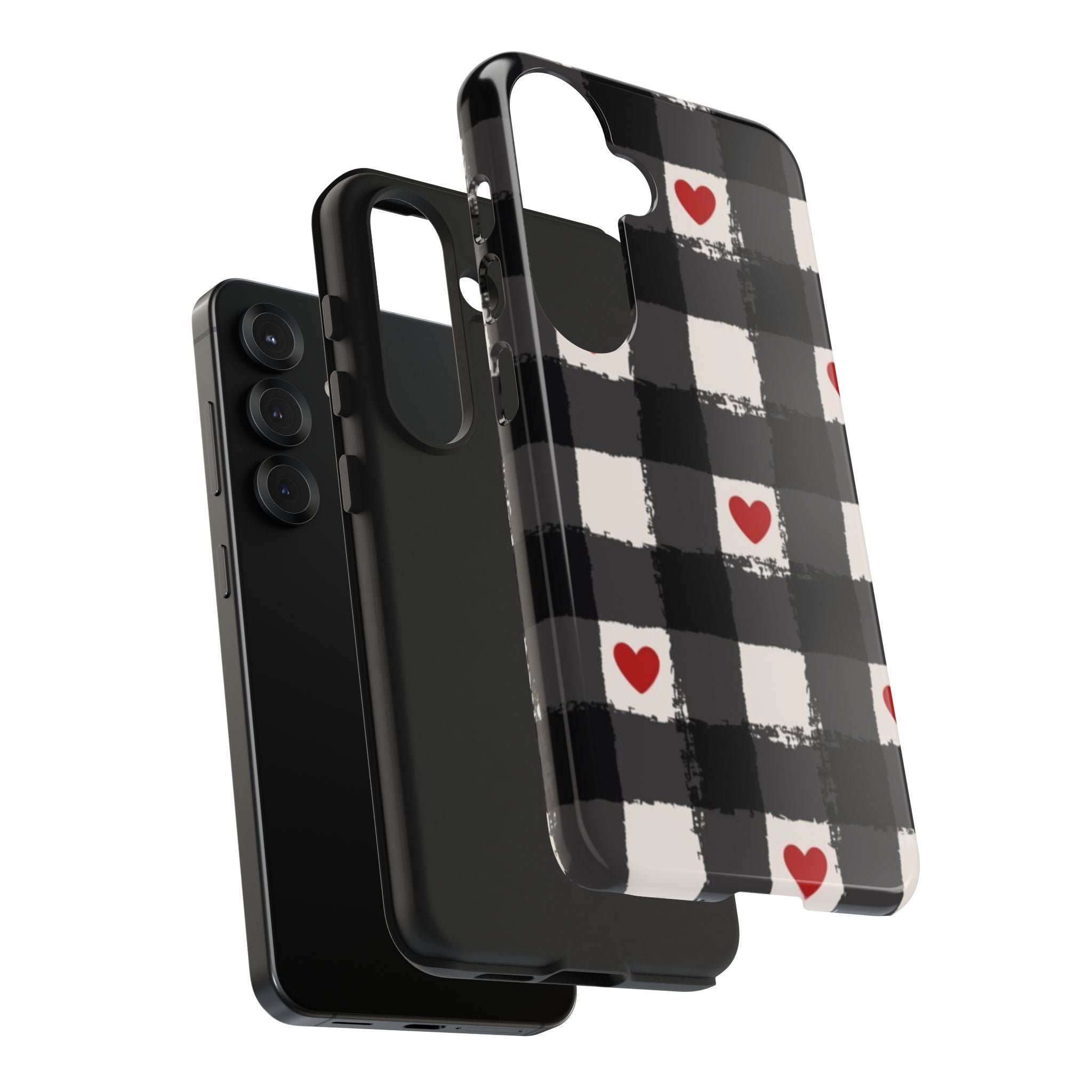 Black Buffalo Plaid Phone Case with Red Hearts