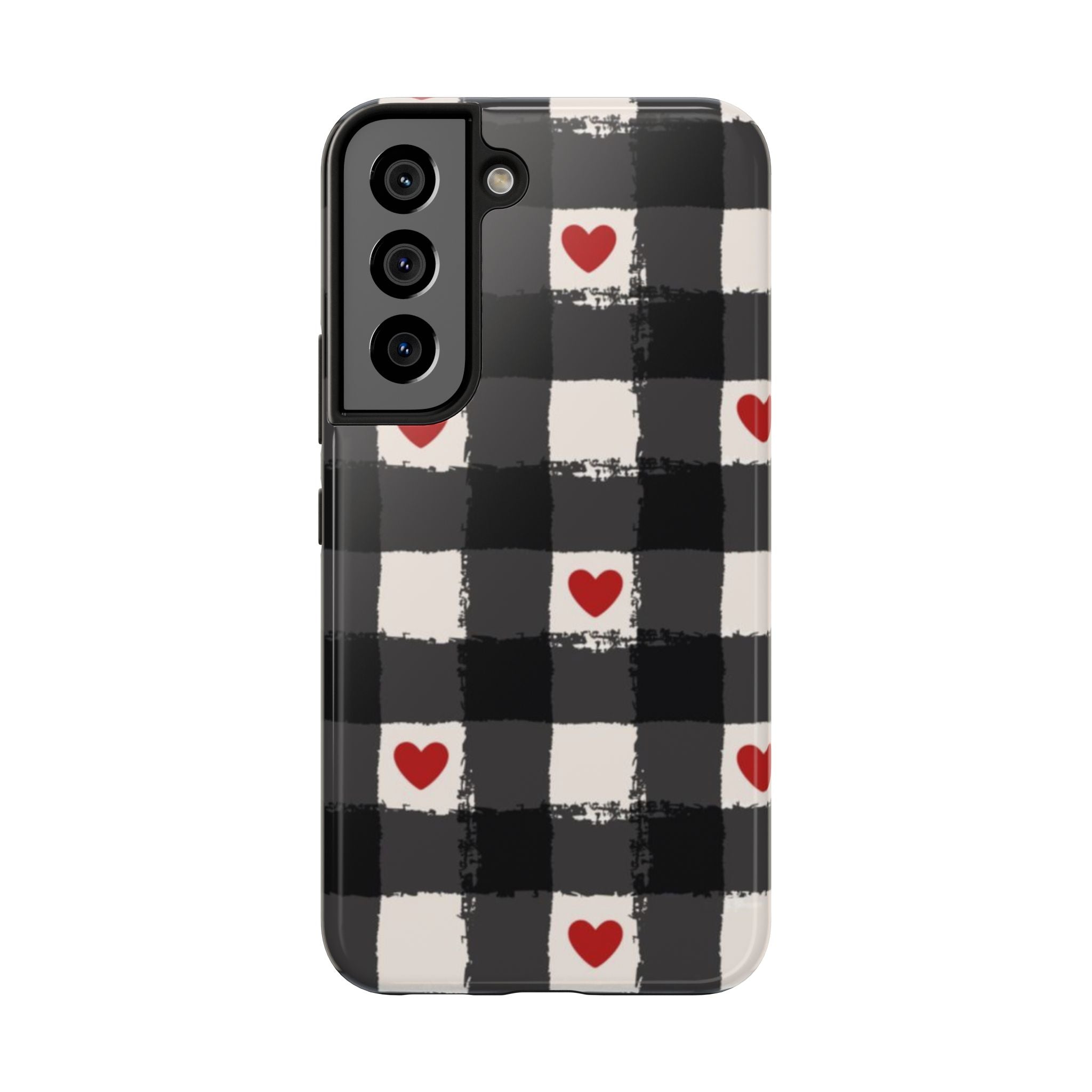Black Buffalo Plaid Phone Case with Red Hearts