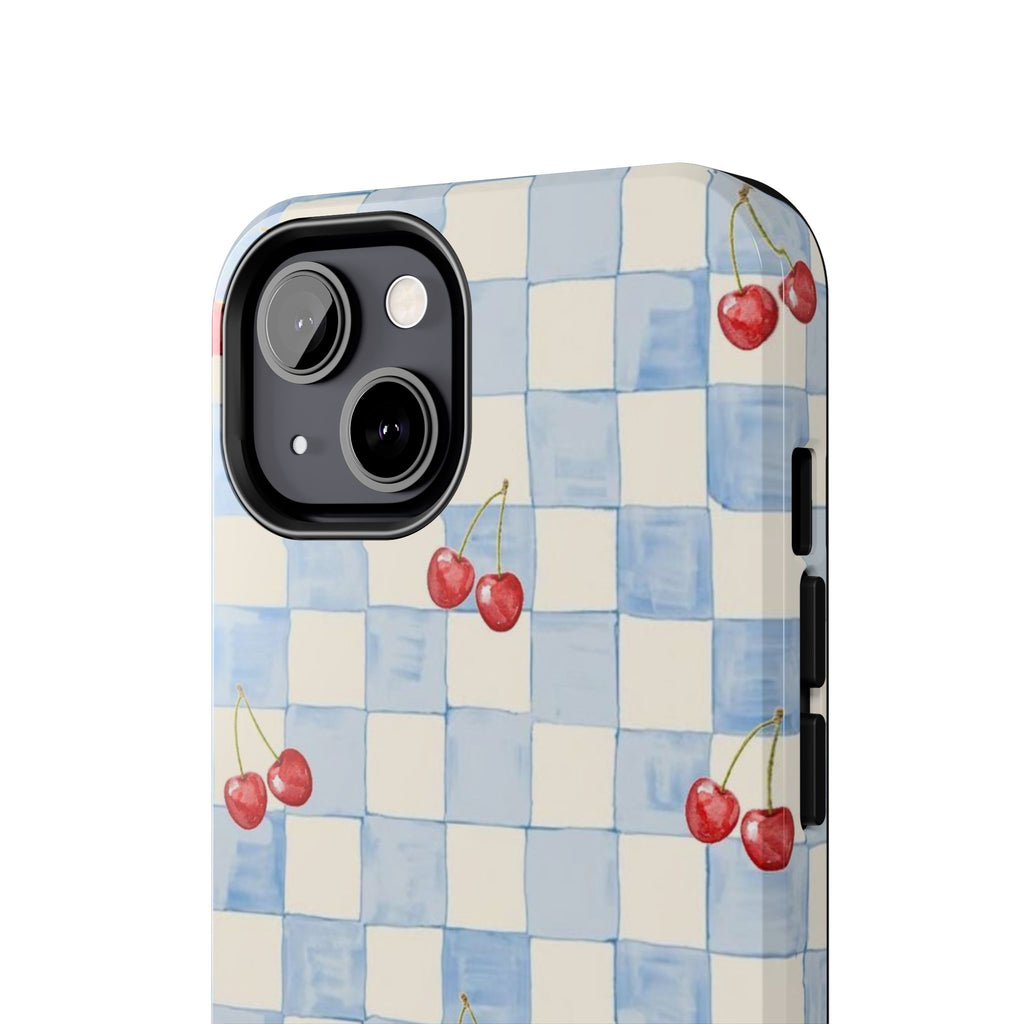 Retro Blue Plaid Cherry Pattern Phone Case