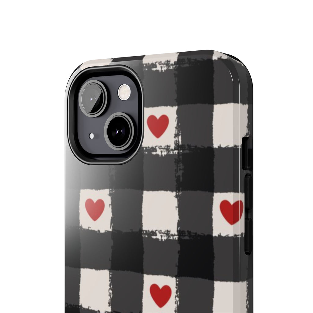 Black Buffalo Plaid Phone Case with Red Hearts