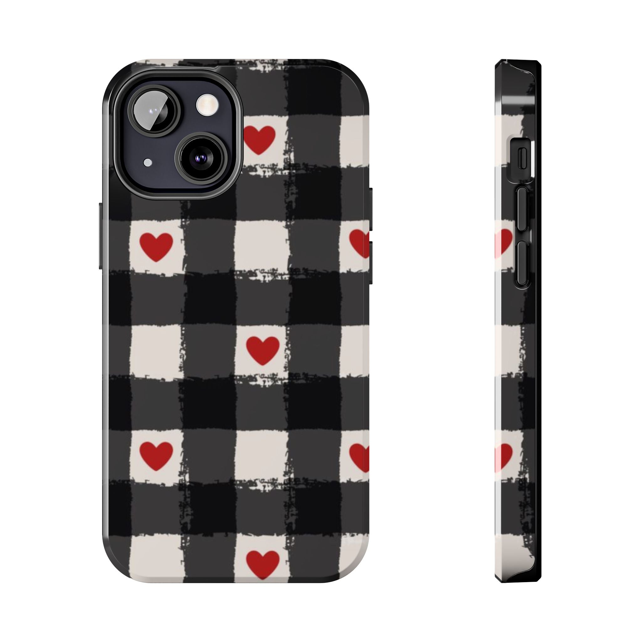 Black Buffalo Plaid Phone Case with Red Hearts