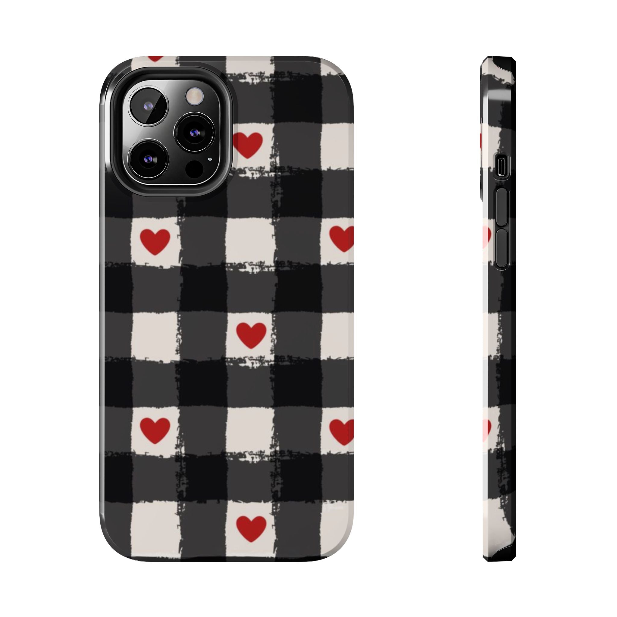 Black Buffalo Plaid Phone Case with Red Hearts