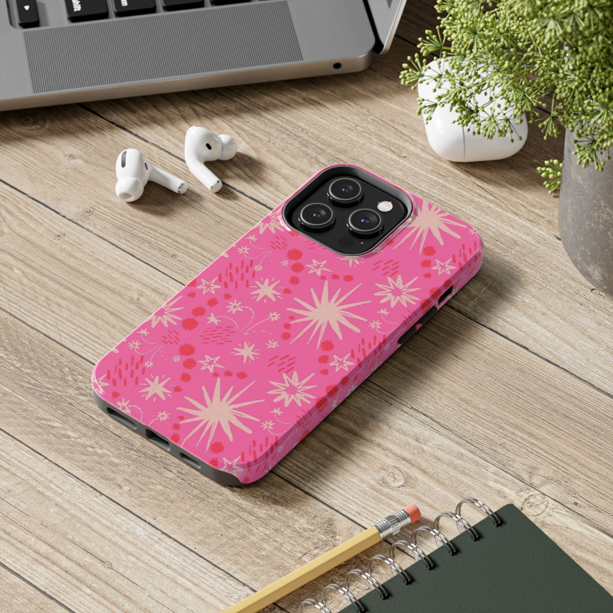Tough Phone Case — Pink Retro Starburst Floral Protective Cover