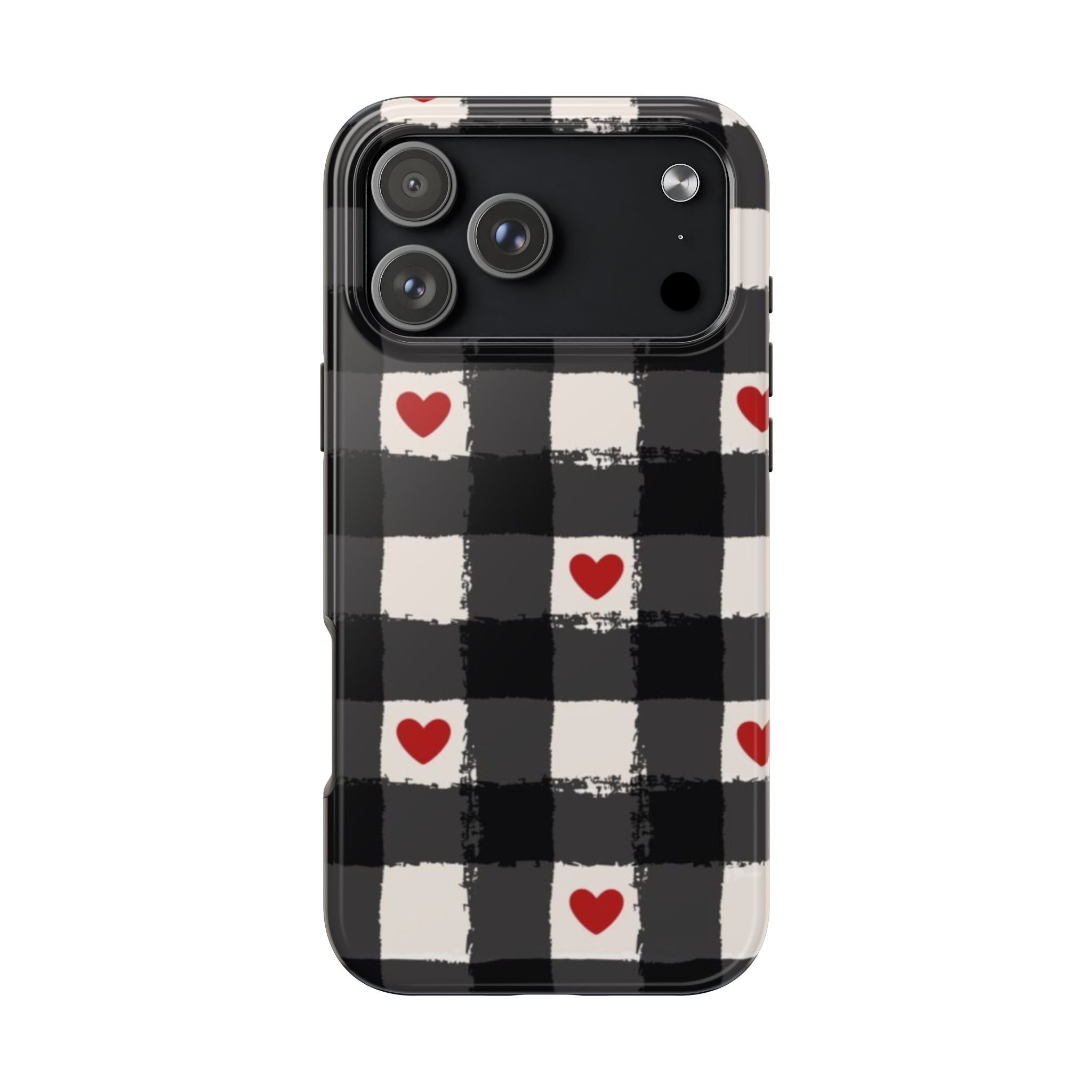 Black Buffalo Plaid Phone Case with Red Hearts