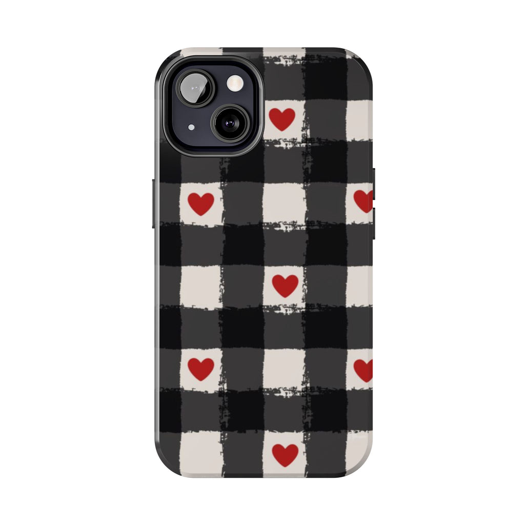 Black Buffalo Plaid Phone Case with Red Hearts