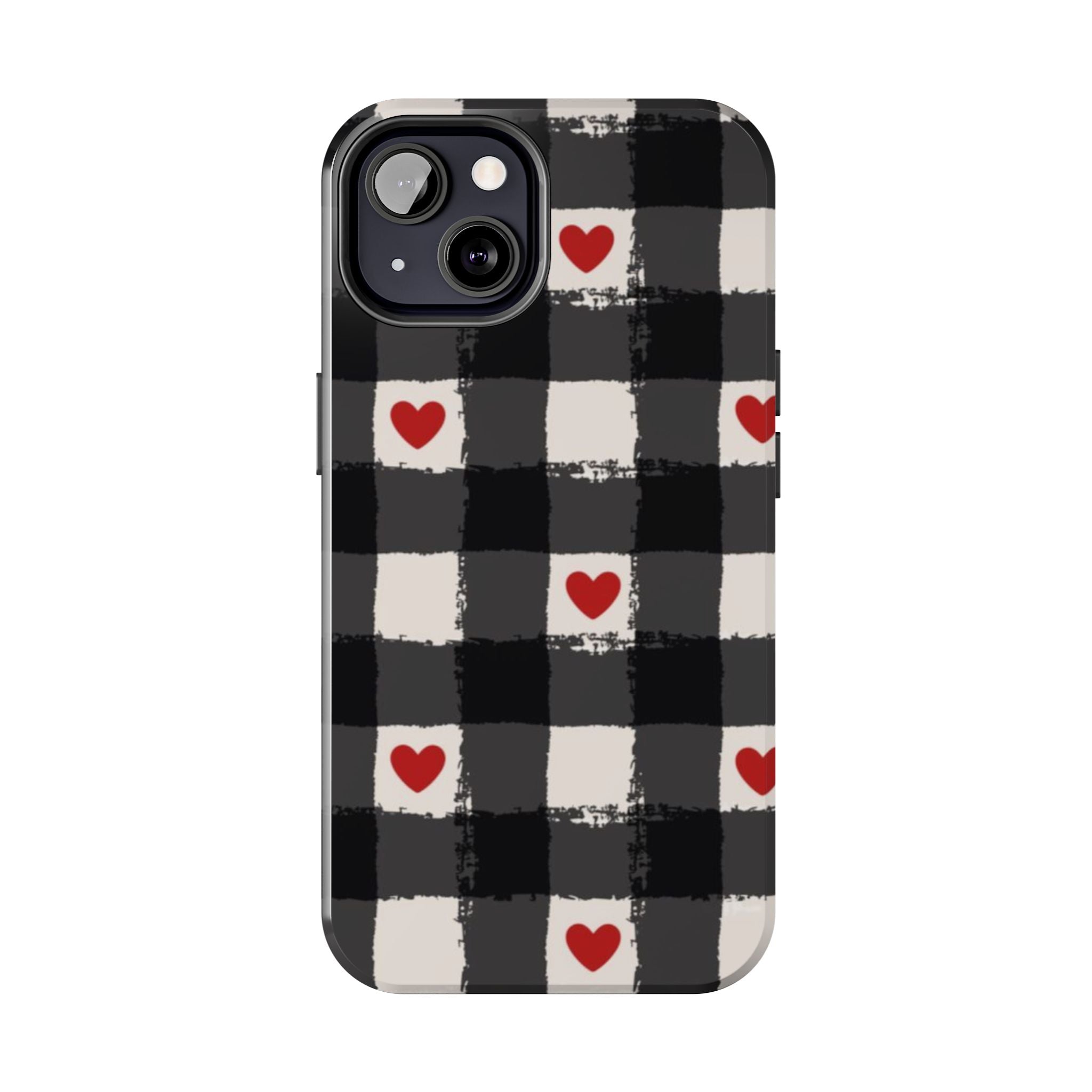 Black Buffalo Plaid Phone Case with Red Hearts