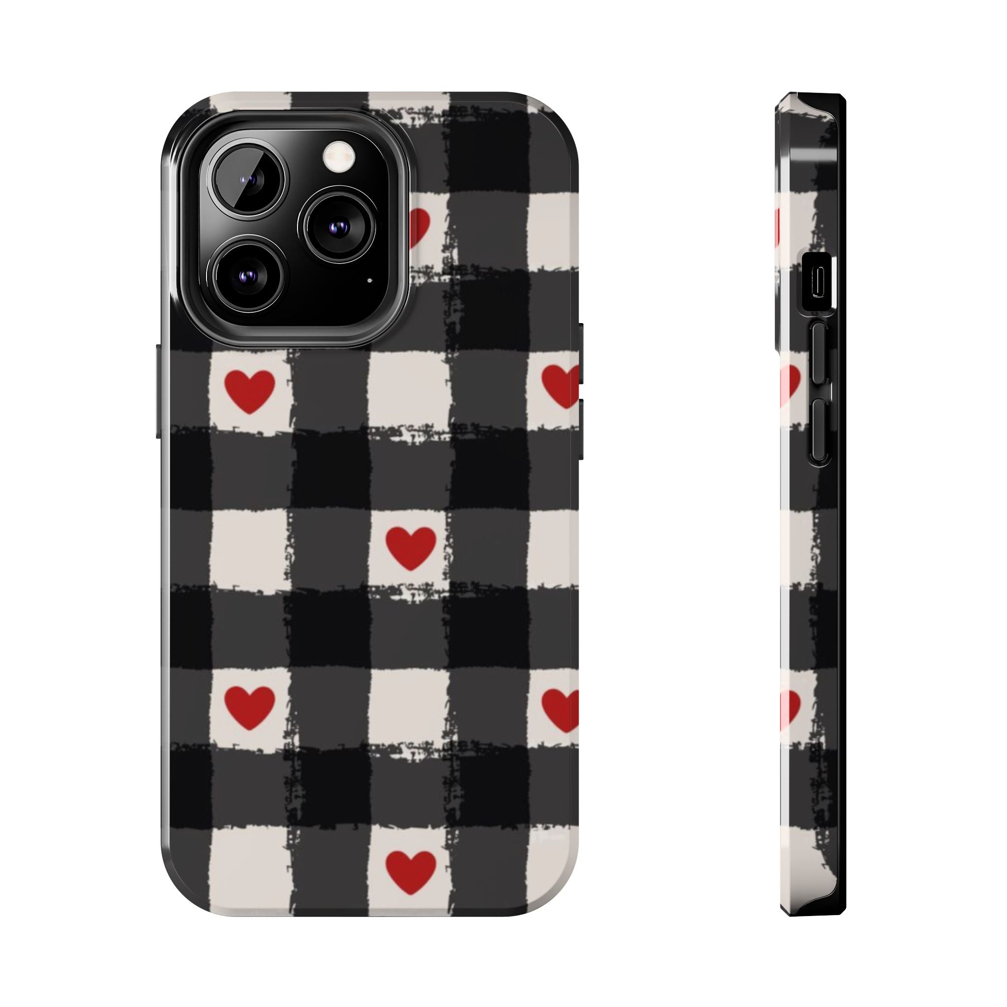 Black Buffalo Plaid Phone Case with Red Hearts