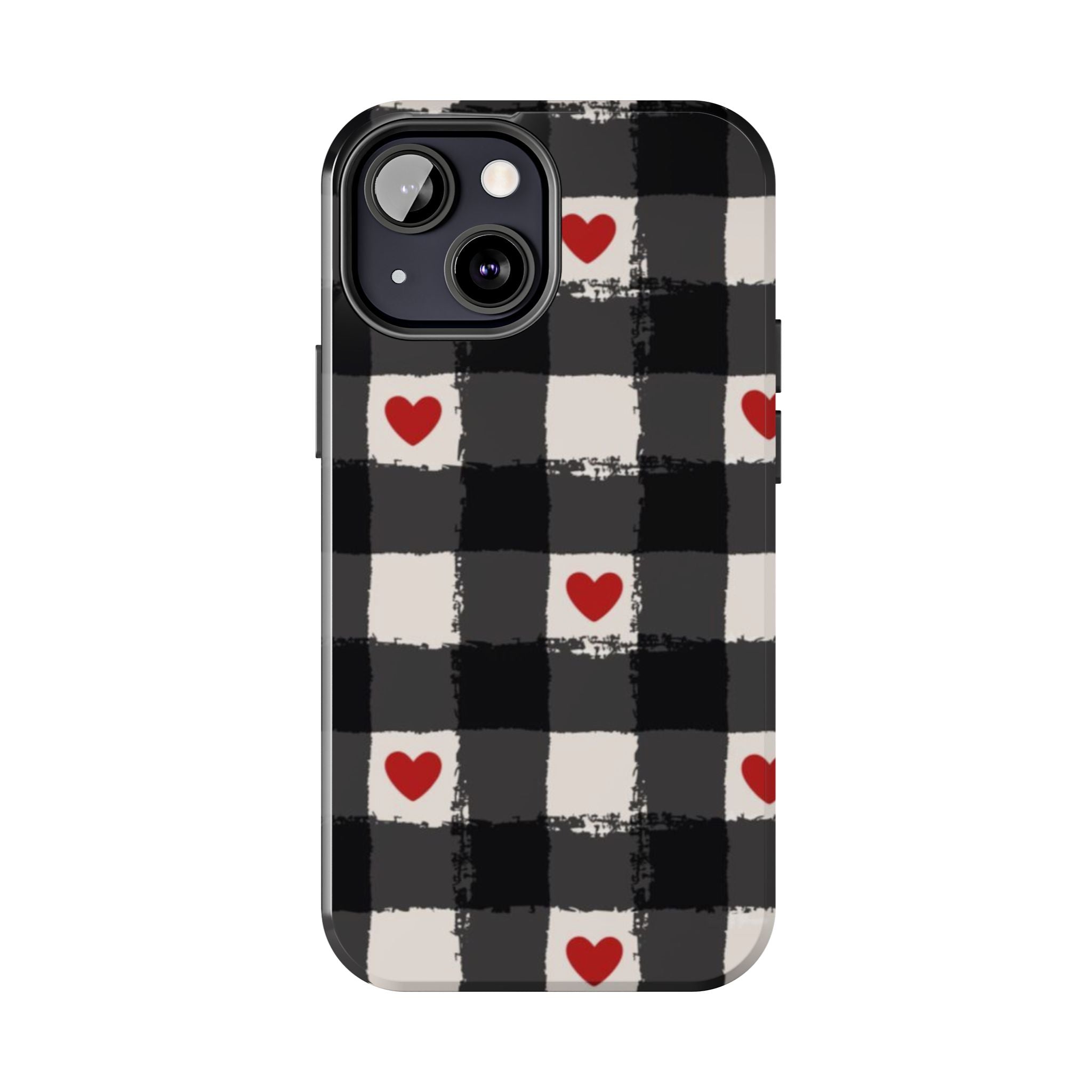 Black Buffalo Plaid Phone Case with Red Hearts