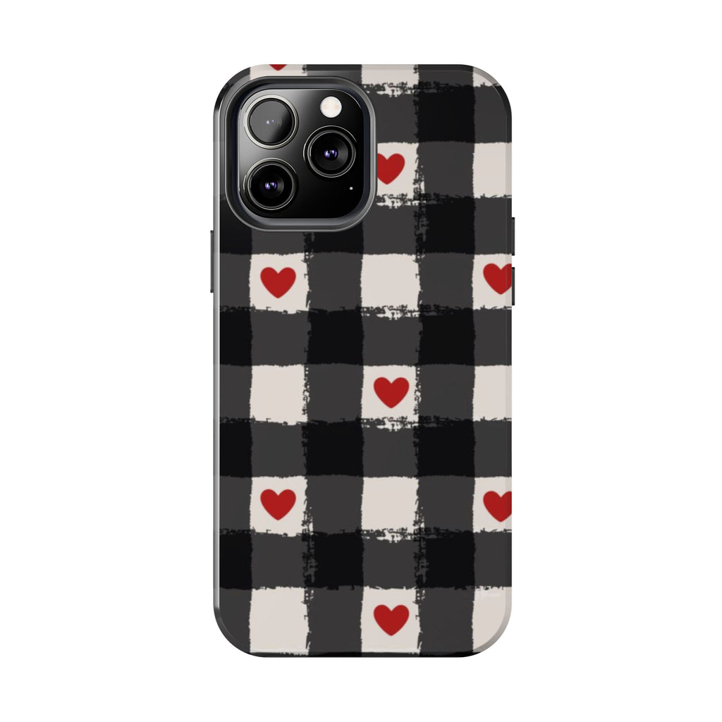 Black Buffalo Plaid Phone Case with Red Hearts
