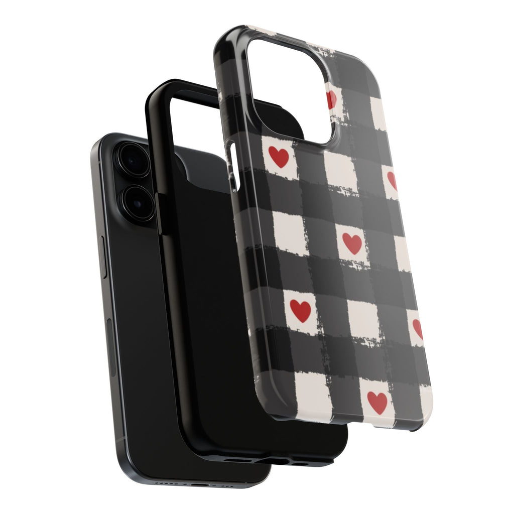 Black Buffalo Plaid Phone Case with Red Hearts