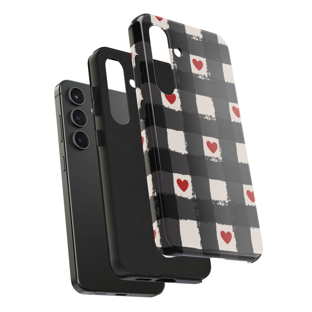 Black Buffalo Plaid Phone Case with Red Hearts
