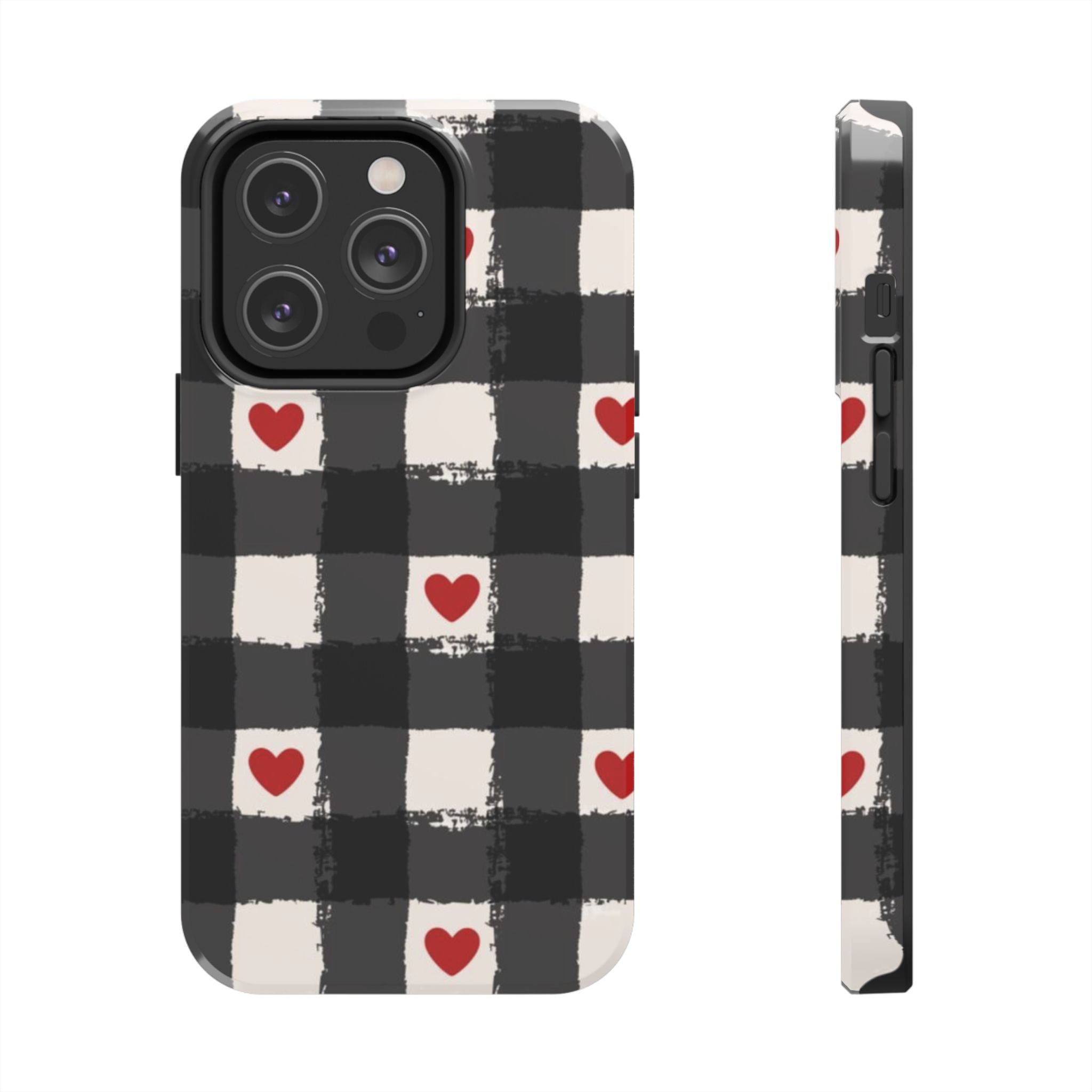 Black Buffalo Plaid Phone Case with Red Hearts