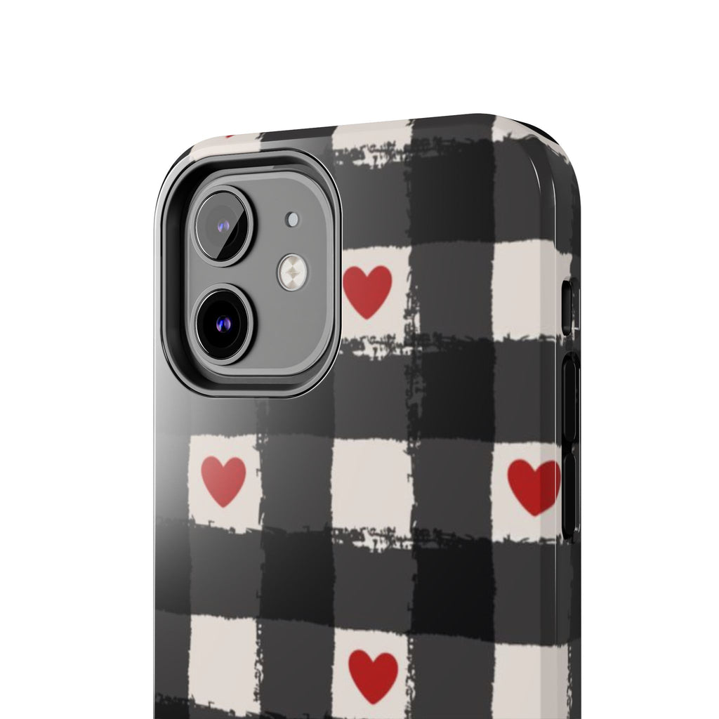 Black Buffalo Plaid Phone Case with Red Hearts