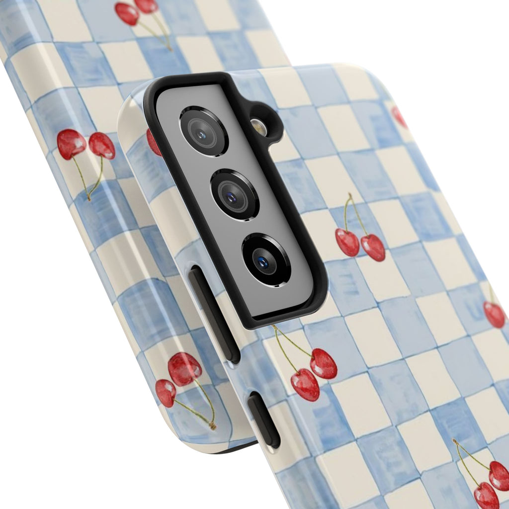 Retro Blue Plaid Cherry Pattern Phone Case