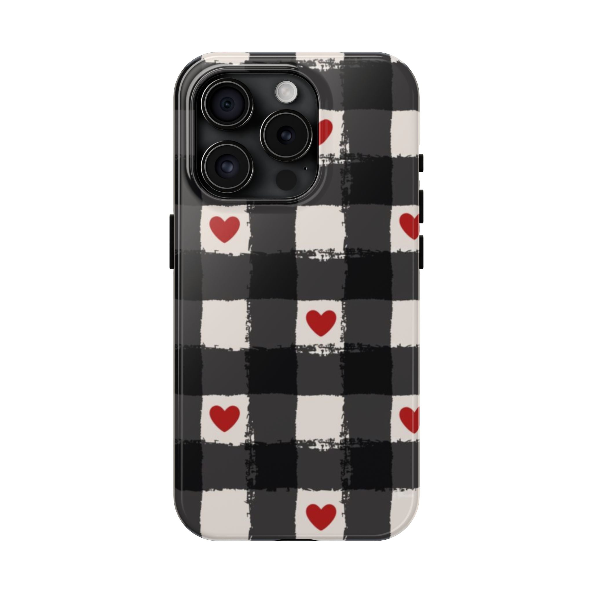Black Buffalo Plaid Phone Case with Red Hearts