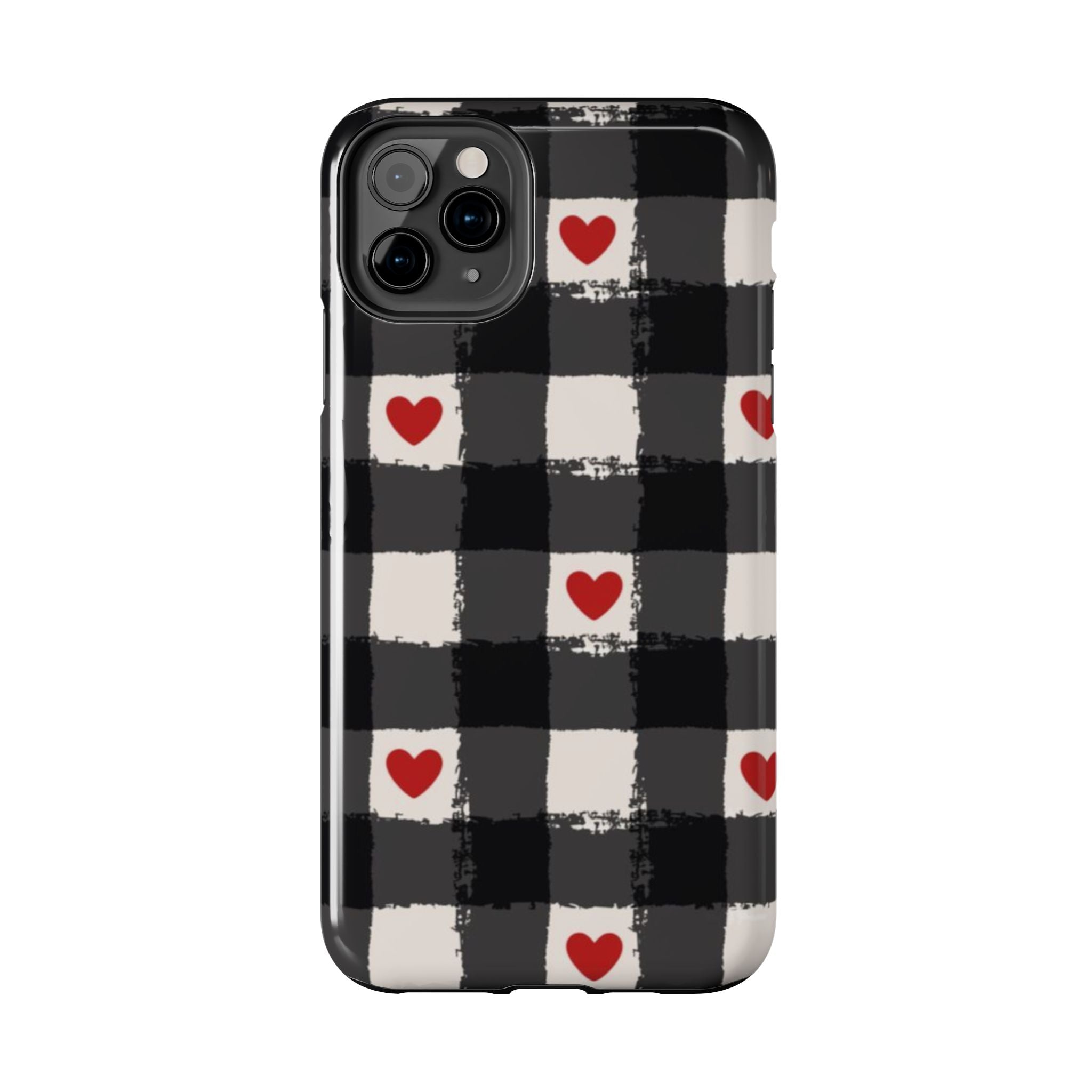 Black Buffalo Plaid Phone Case with Red Hearts