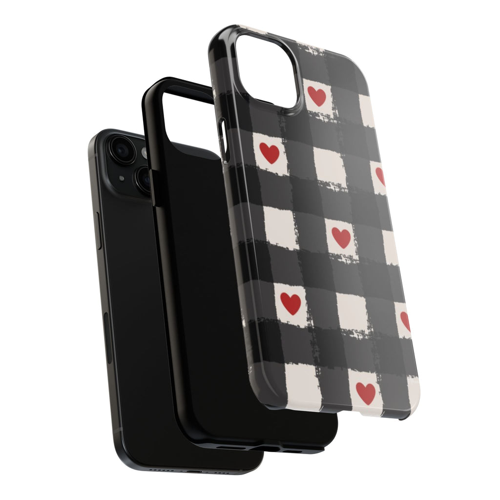 Black Buffalo Plaid Phone Case with Red Hearts