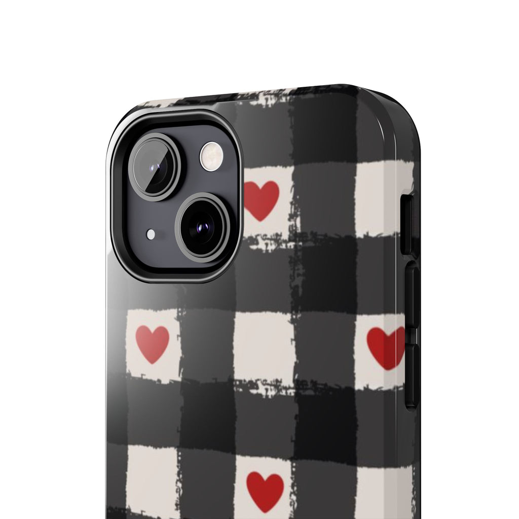 Black Buffalo Plaid Phone Case with Red Hearts