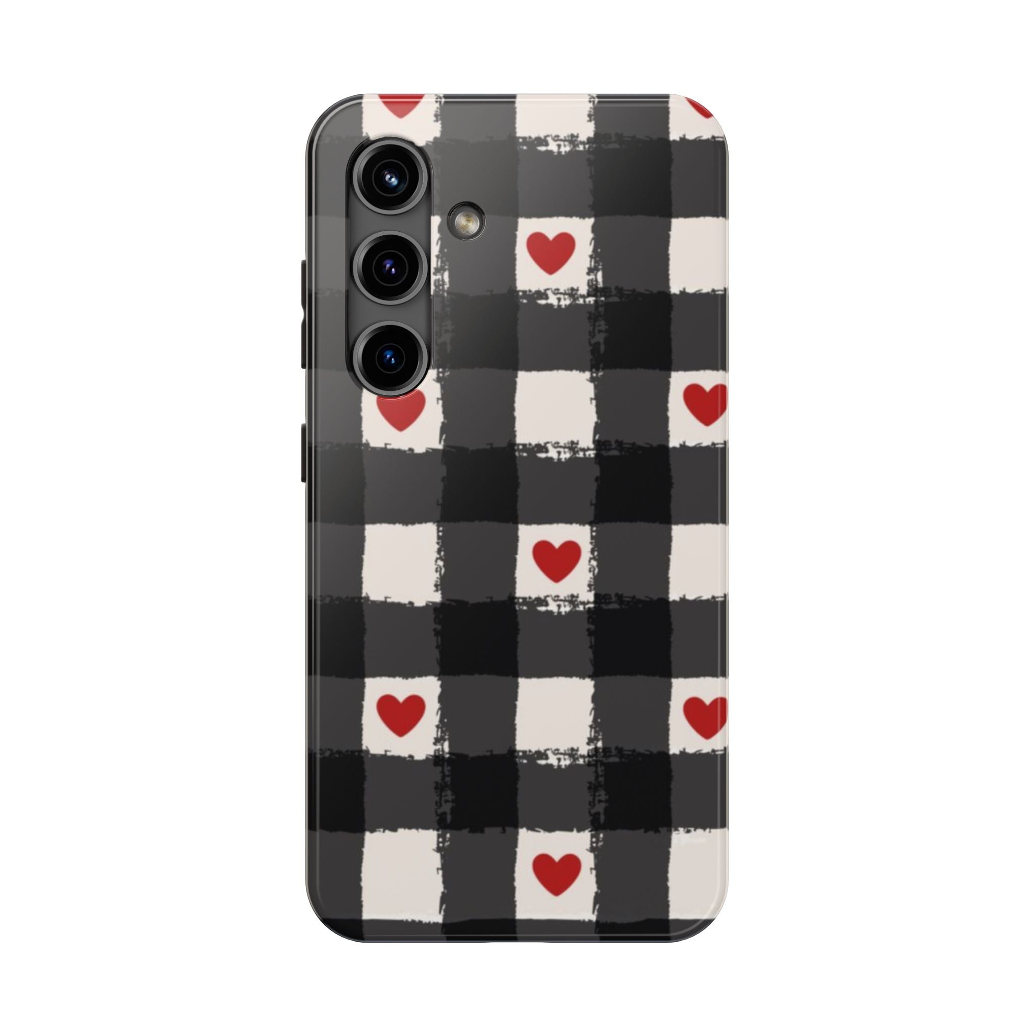Black Buffalo Plaid Phone Case with Red Hearts