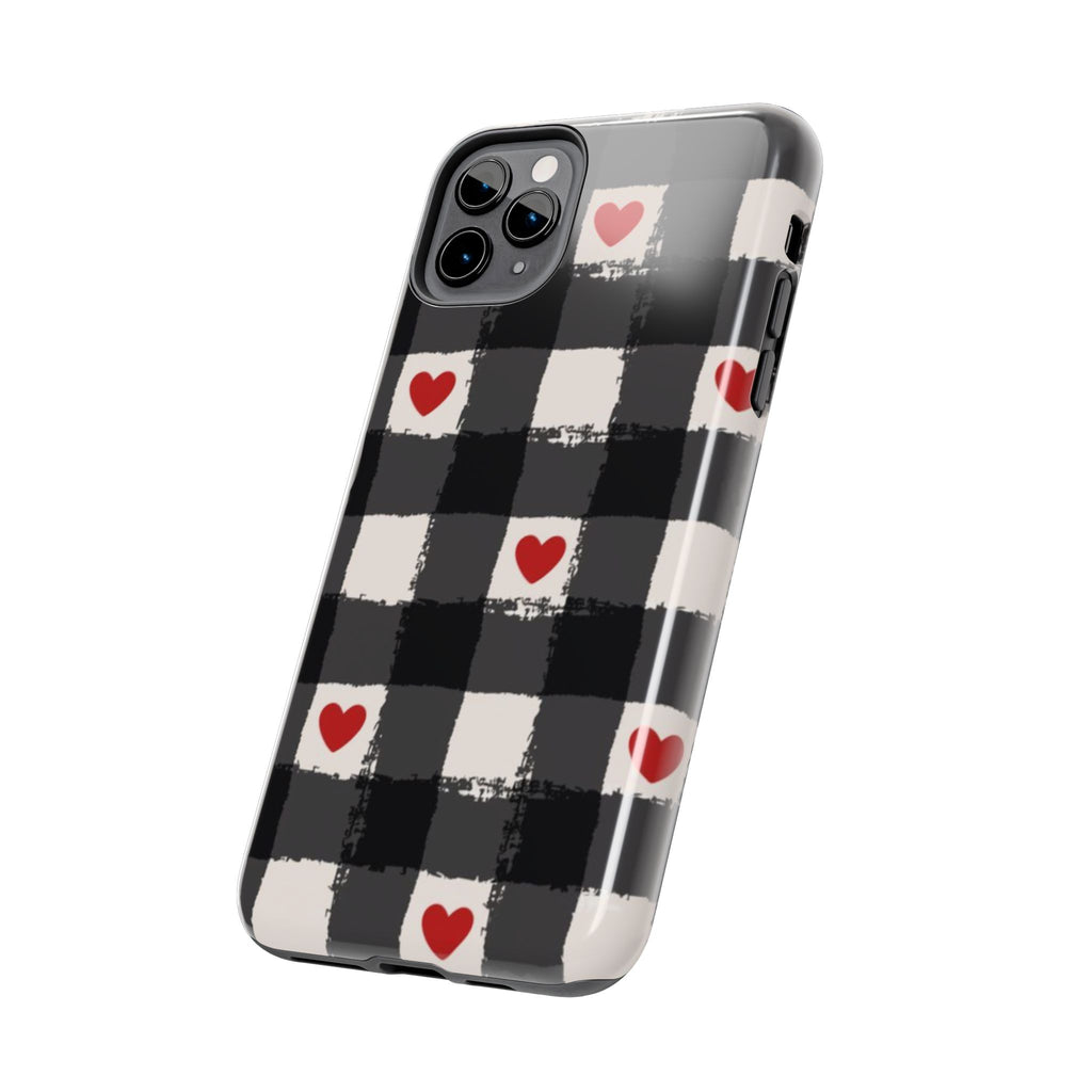 Black Buffalo Plaid Phone Case with Red Hearts
