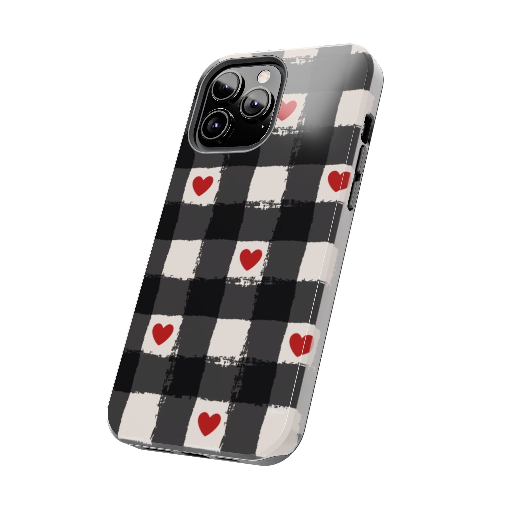 Black Buffalo Plaid Phone Case with Red Hearts