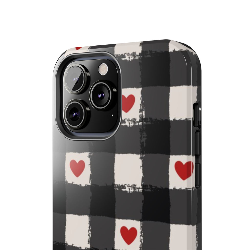 Black Buffalo Plaid Phone Case with Red Hearts