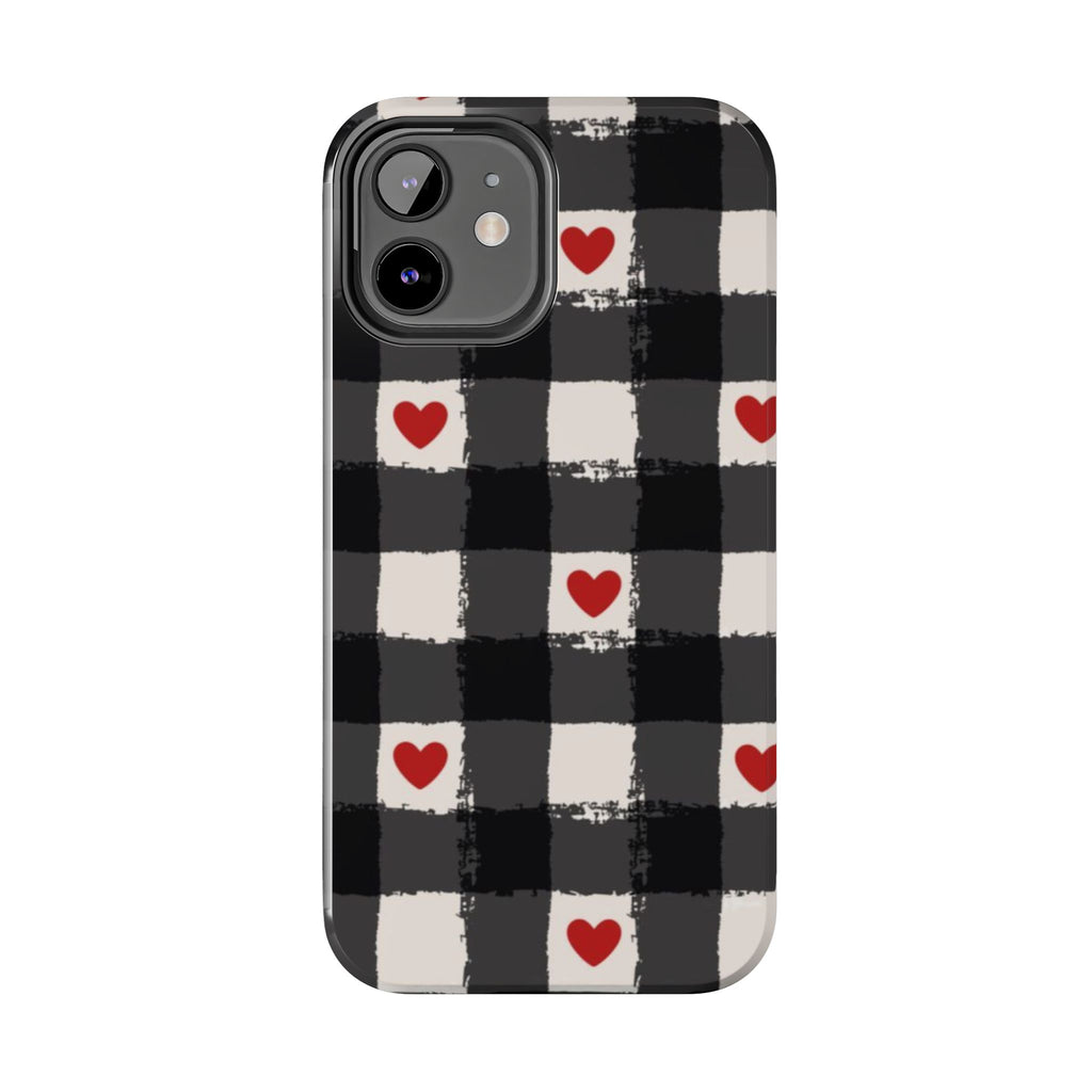 Black Buffalo Plaid Phone Case with Red Hearts