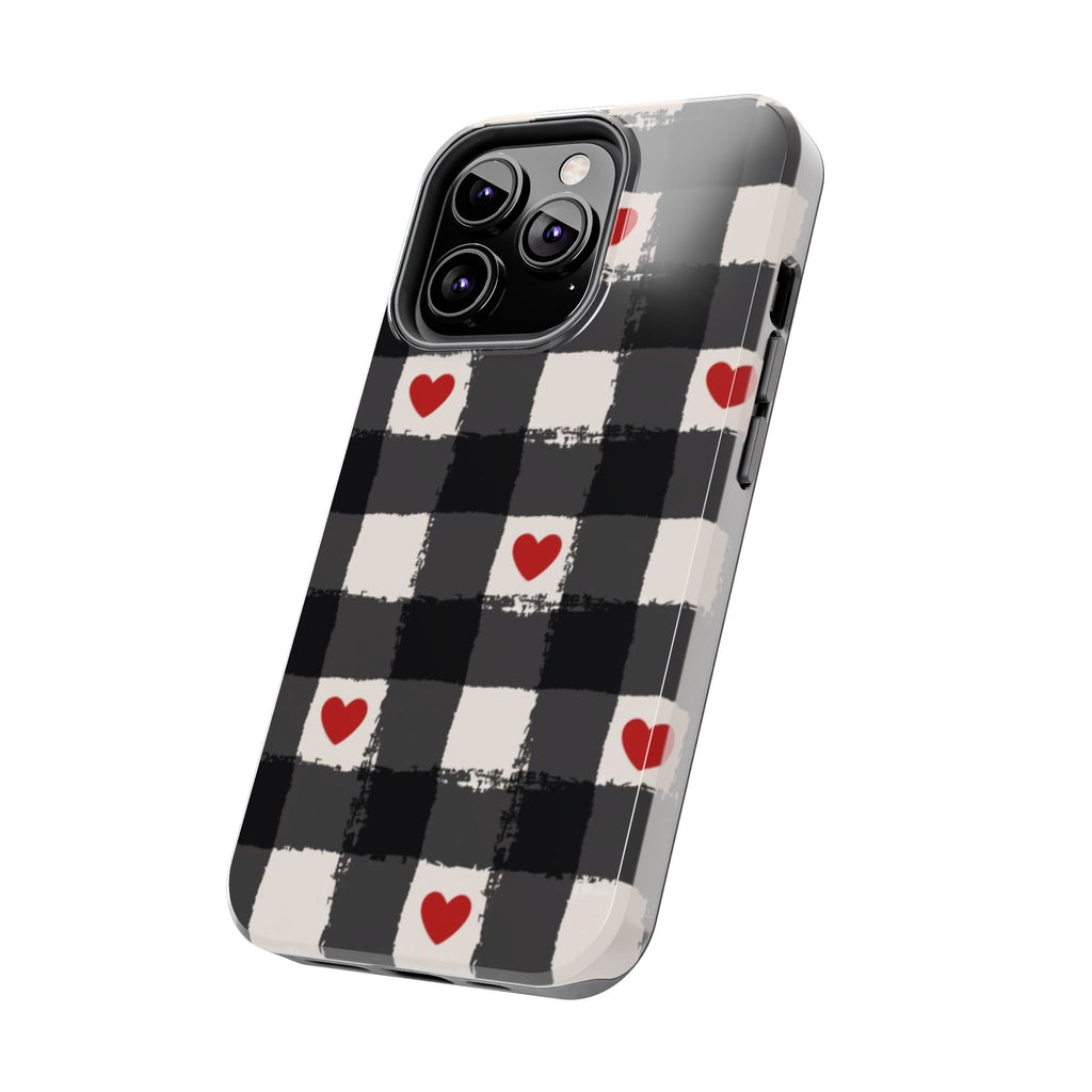Black Buffalo Plaid Phone Case with Red Hearts