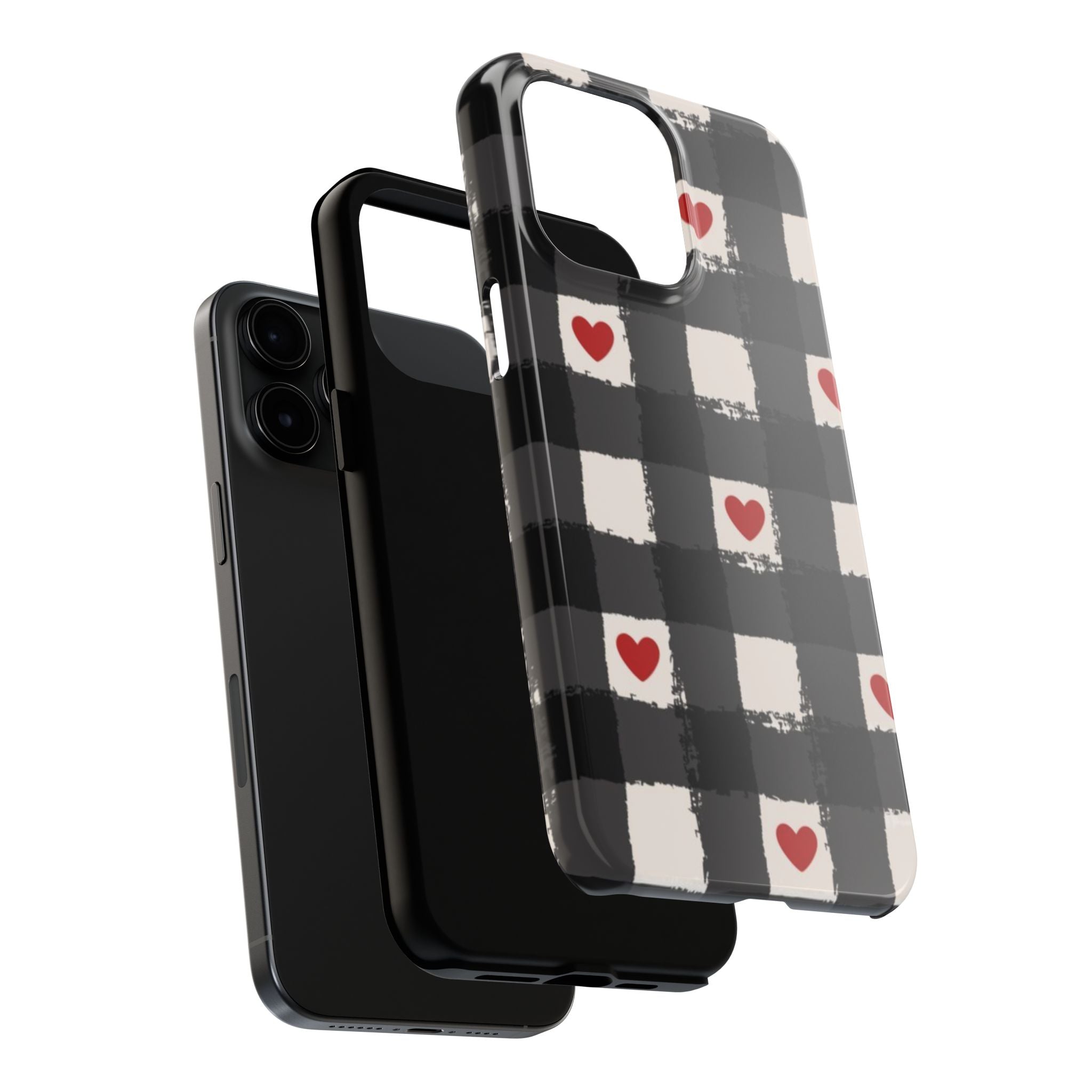 Black Buffalo Plaid Phone Case with Red Hearts