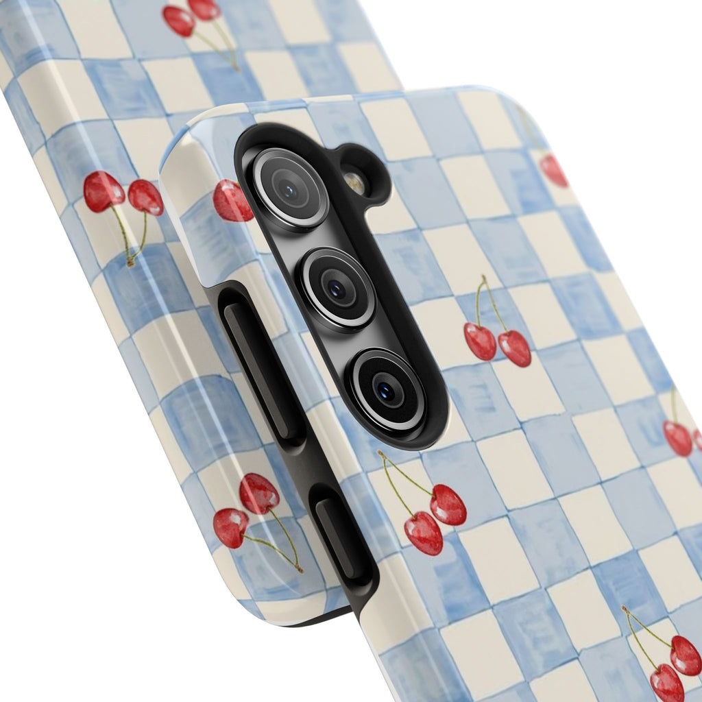 Retro Blue Plaid Cherry Pattern Phone Case