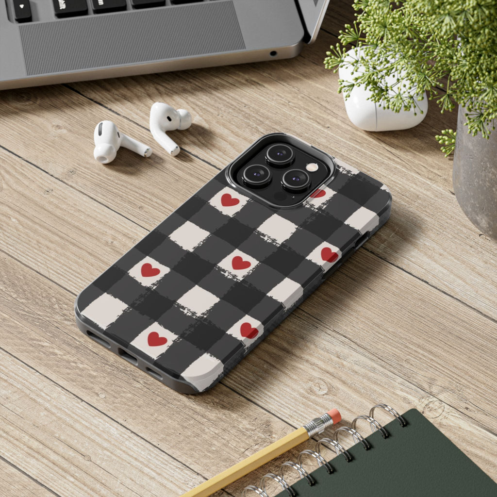 Black Buffalo Plaid Phone Case with Red Hearts