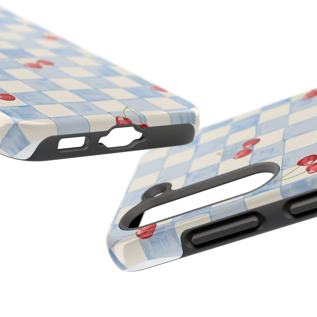 Retro Blue Plaid Cherry Pattern Phone Case