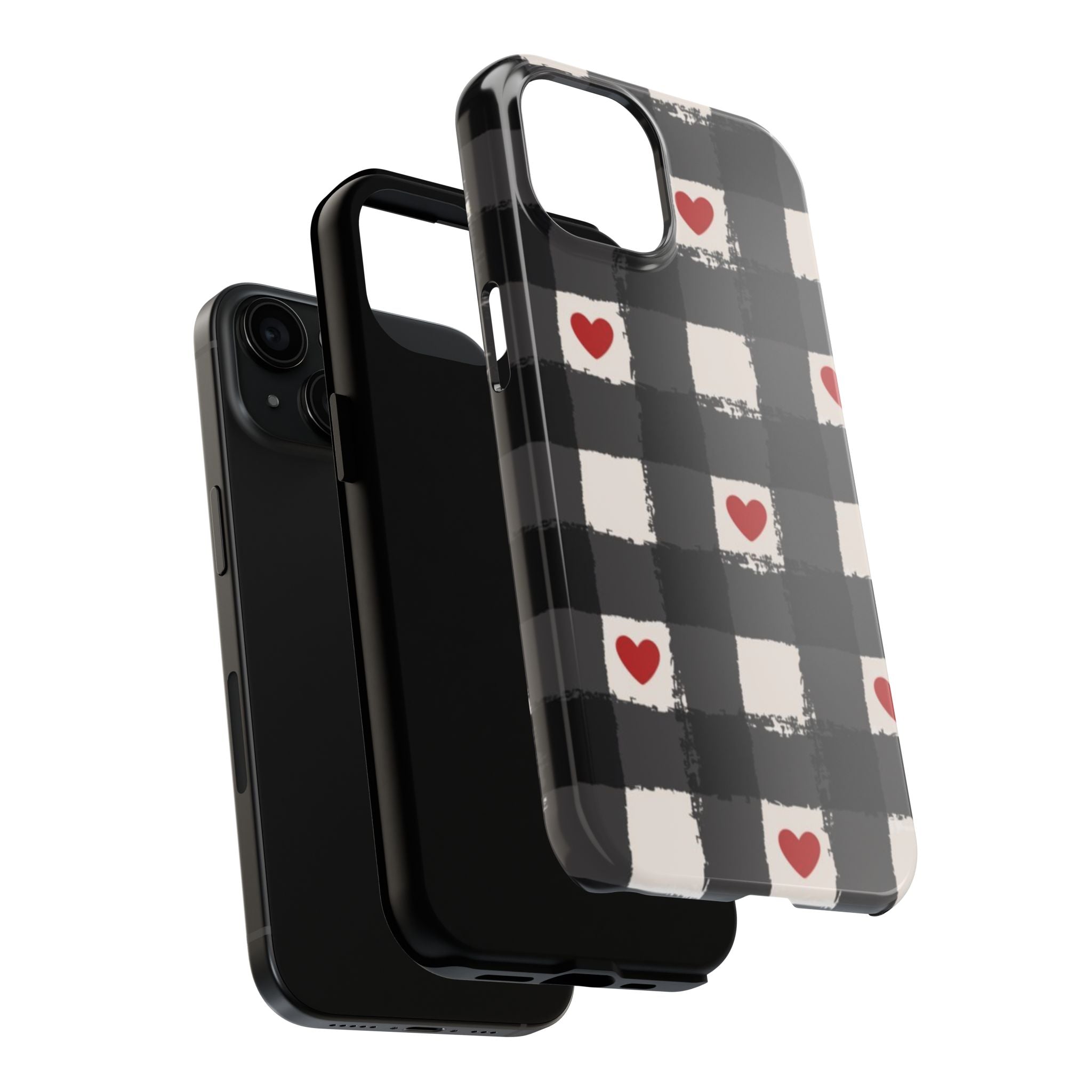 Black Buffalo Plaid Phone Case with Red Hearts