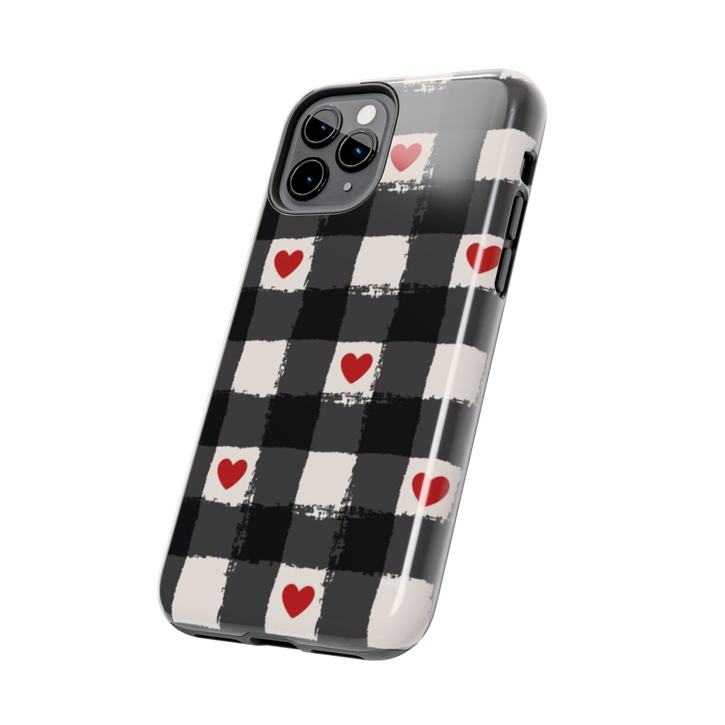 Black Buffalo Plaid Phone Case with Red Hearts