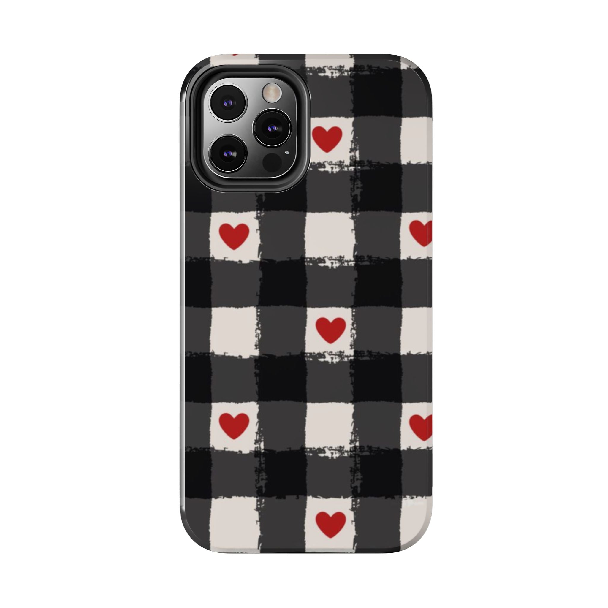Black Buffalo Plaid Phone Case with Red Hearts