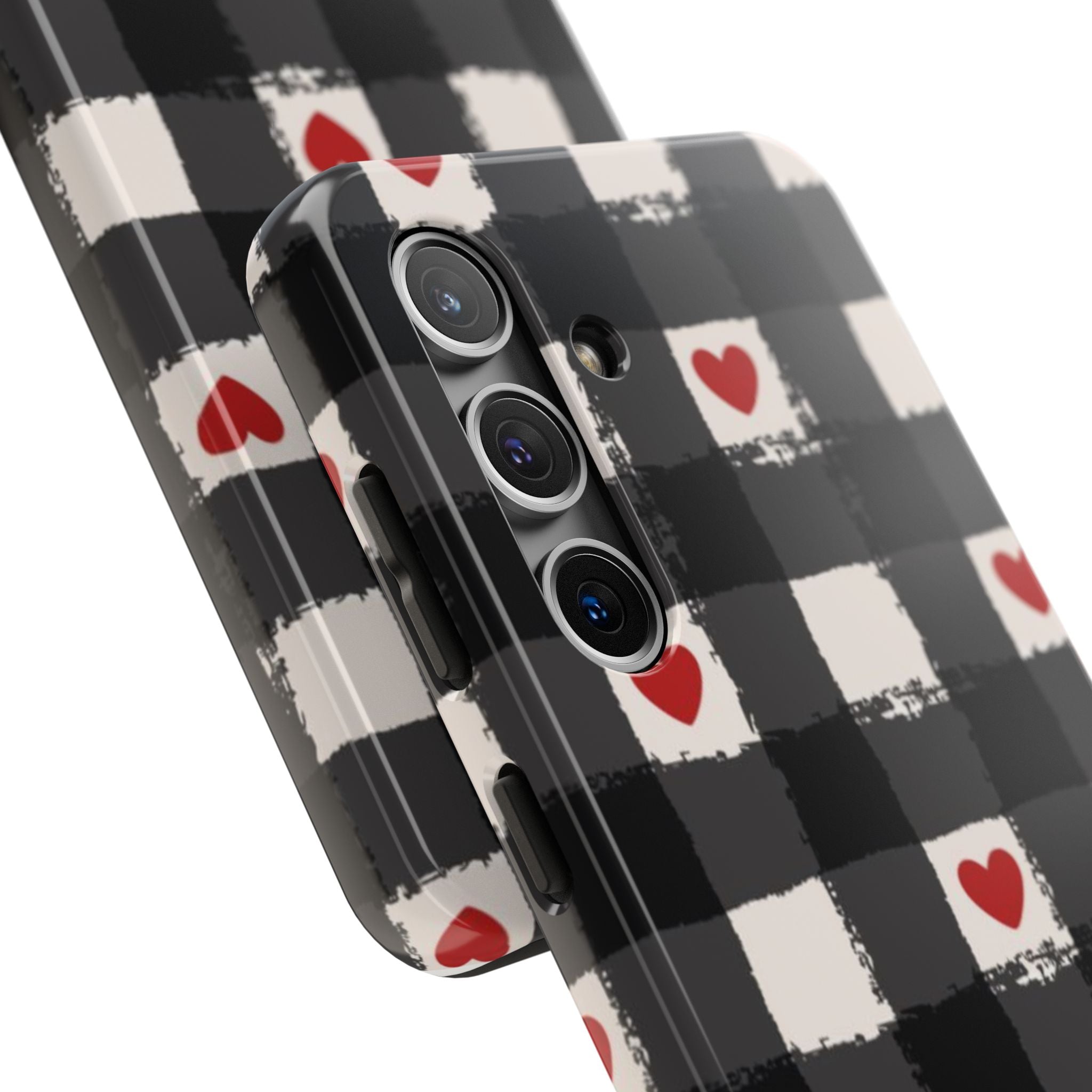 Black Buffalo Plaid Phone Case with Red Hearts