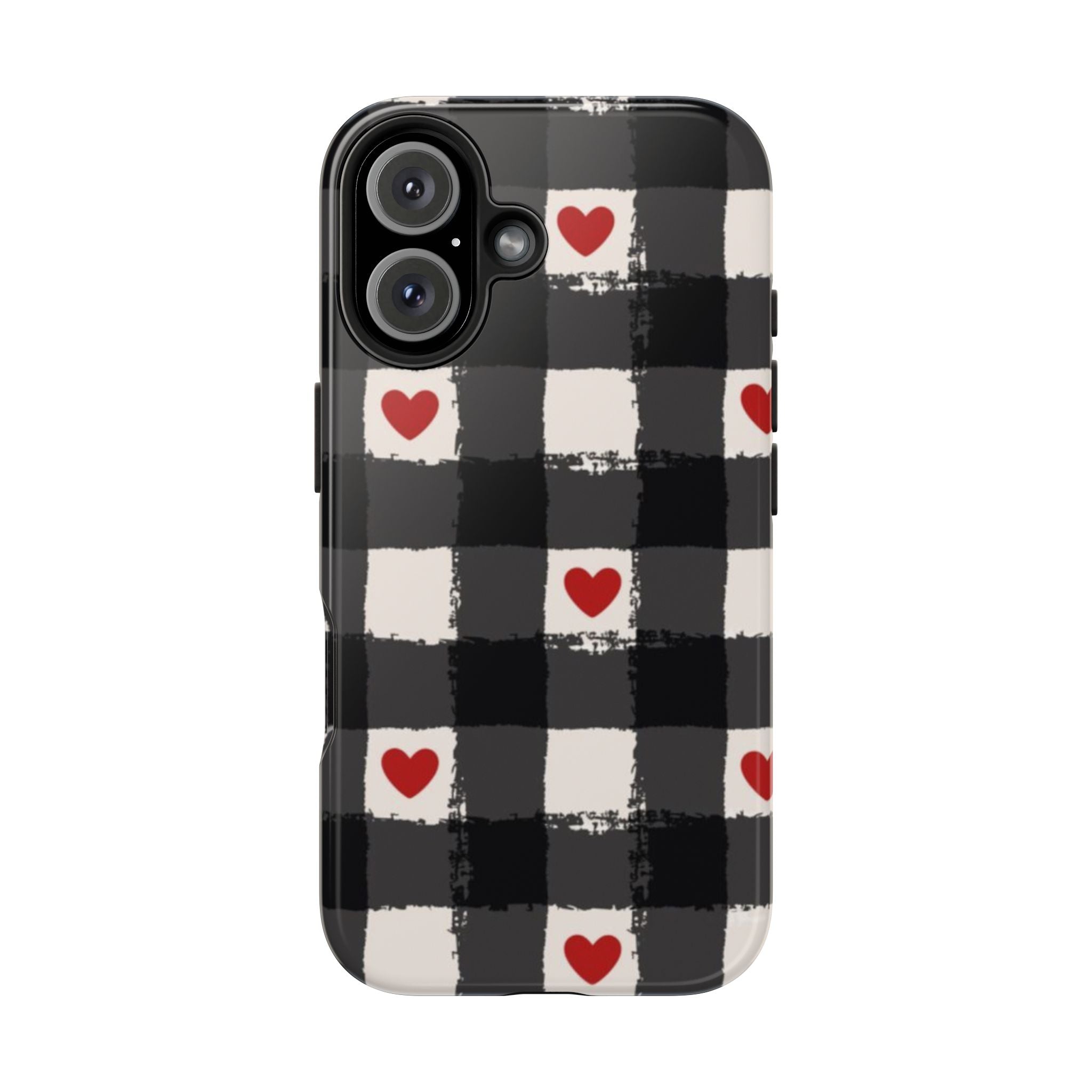 Black Buffalo Plaid Phone Case with Red Hearts