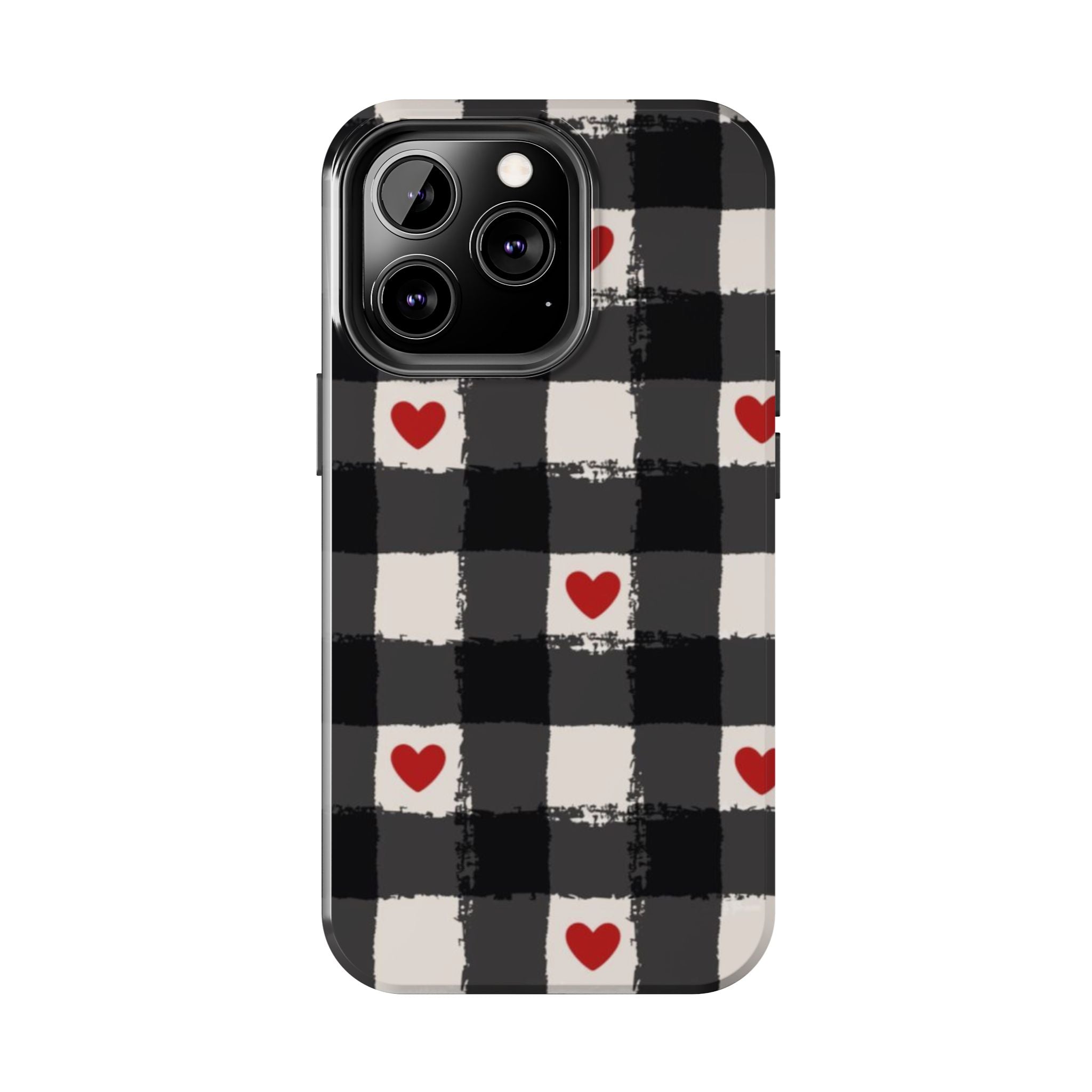 Black Buffalo Plaid Phone Case with Red Hearts