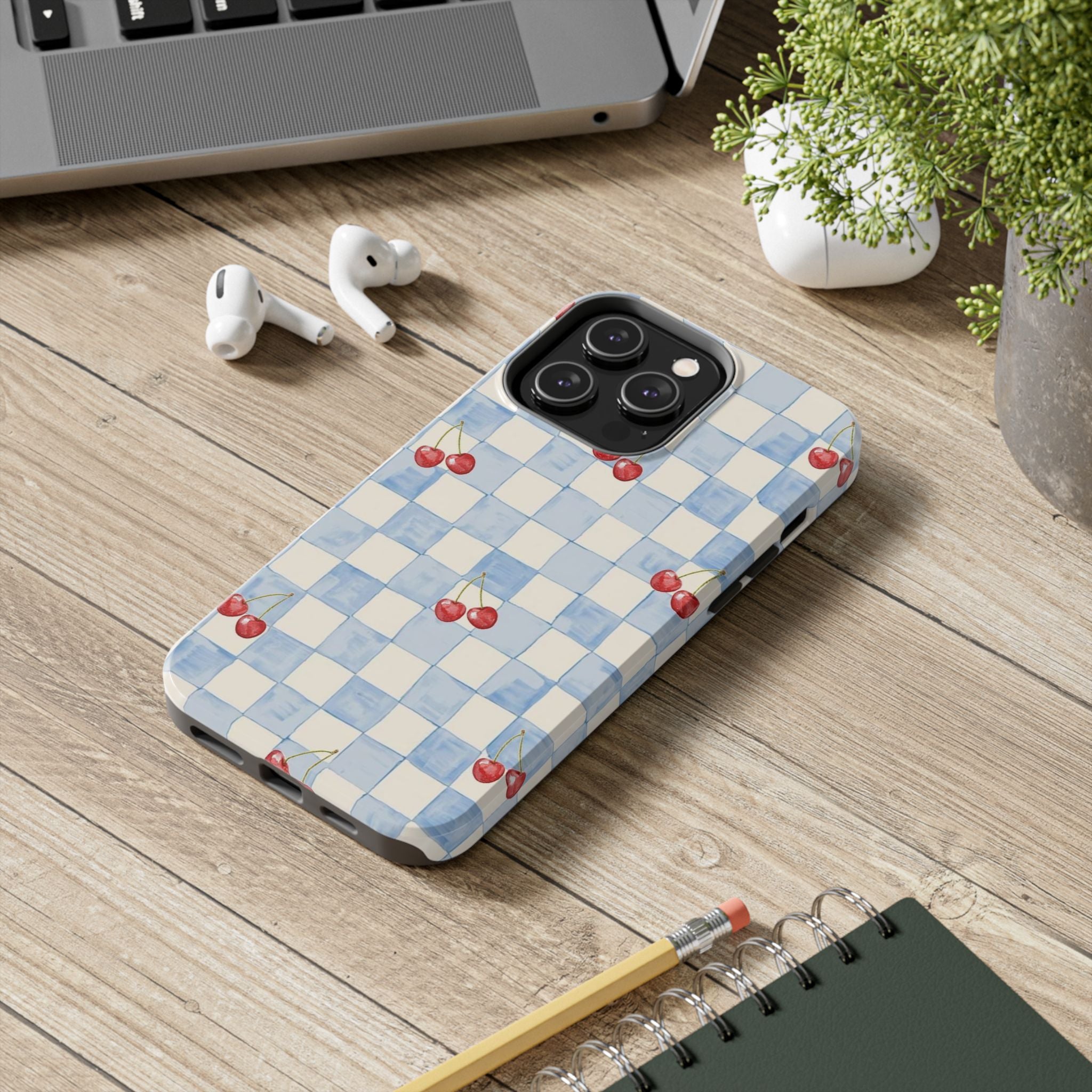 Retro Blue Plaid Cherry Pattern Phone Case