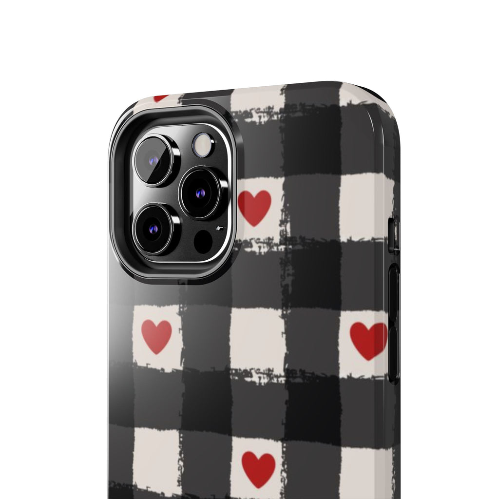 Black Buffalo Plaid Phone Case with Red Hearts