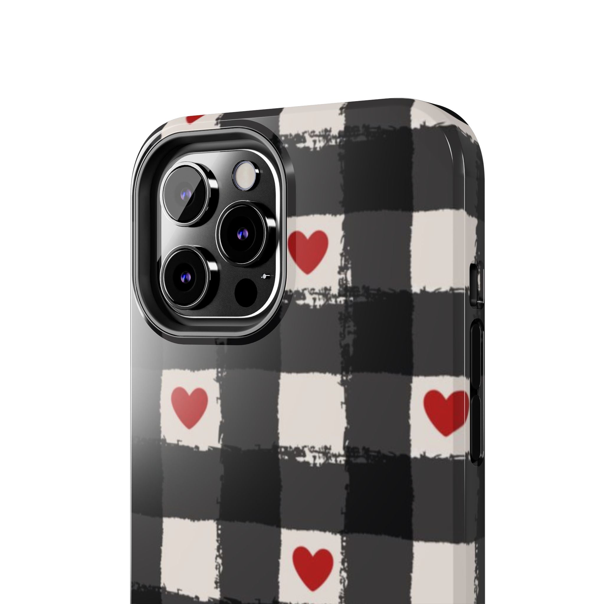 Black Buffalo Plaid Phone Case with Red Hearts